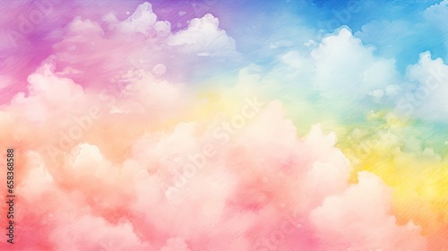  a painting of a rainbow colored sky with clouds in the foreground. generative ai