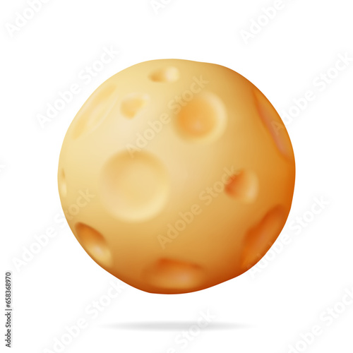 3d Cartoon Full Moon with Crater Isolated. Render Yellow Moon Shape. Luna Symbol in Simple Style. Sphere Ball Moon Element on White Background. Realistic Vector Illustration