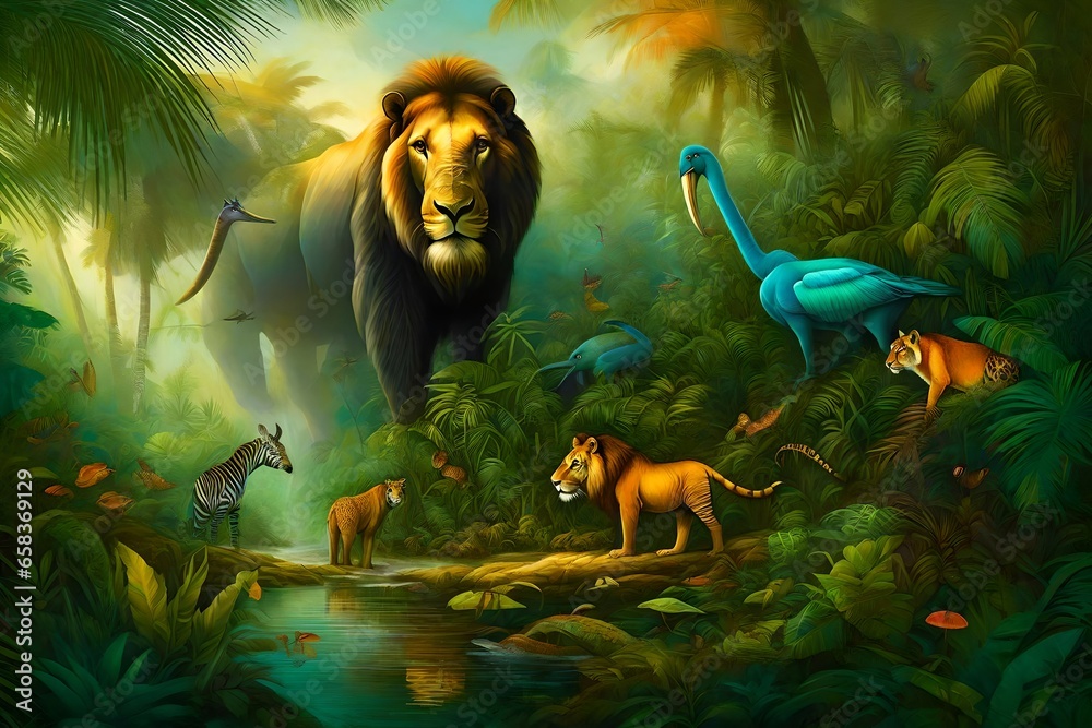 low angle, wide scene, modern and cool digital painting of insanely detailed various jungle animals - AI Generative