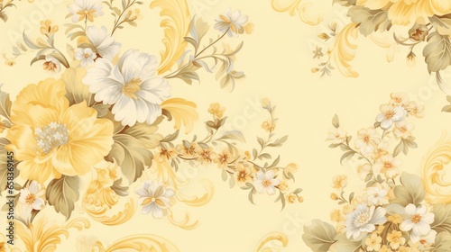  a yellow floral wallpaper with white and yellow flowers on it. generative ai