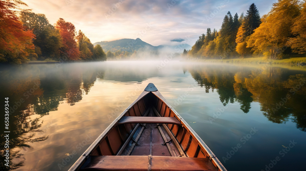 Sunrise on lake from canoe during autumn morning - Generated Ai - obrazy, fototapety, plakaty 