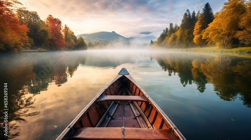 Fotografiet Sunrise on lake from canoe during autumn morning - Generated Ai