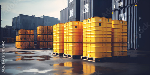 industry, silo, tank, oil, sky, city, grain, building, metal.Shipping hazardous liquids in plastic containers barrels and tanks from a warehouse in the chemical, generative AI 