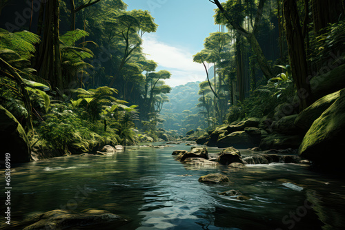 A tropical rainforest teeming with biodiversity, showcasing the variety of species in these ecosystems. Concept of biodiversity. Generative Ai. © Sebastian