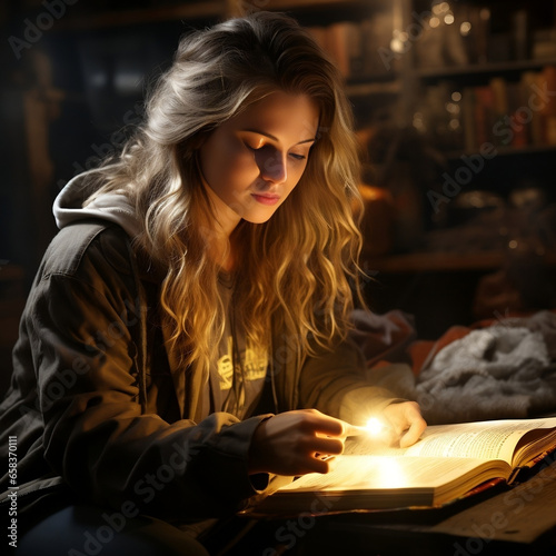 A woman is reading an open book by flashlight
