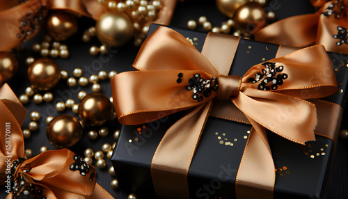 Black gift box with golden ribbon and bow. Christmas presents.