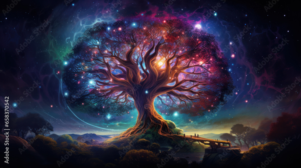 Psychedelic Yggdrasil Tree Of Life Of Viking Mythology in a Fantasy Landscape With Cosmic Beauty. Vivid Fairytale Landscape And Background. Generative AI
