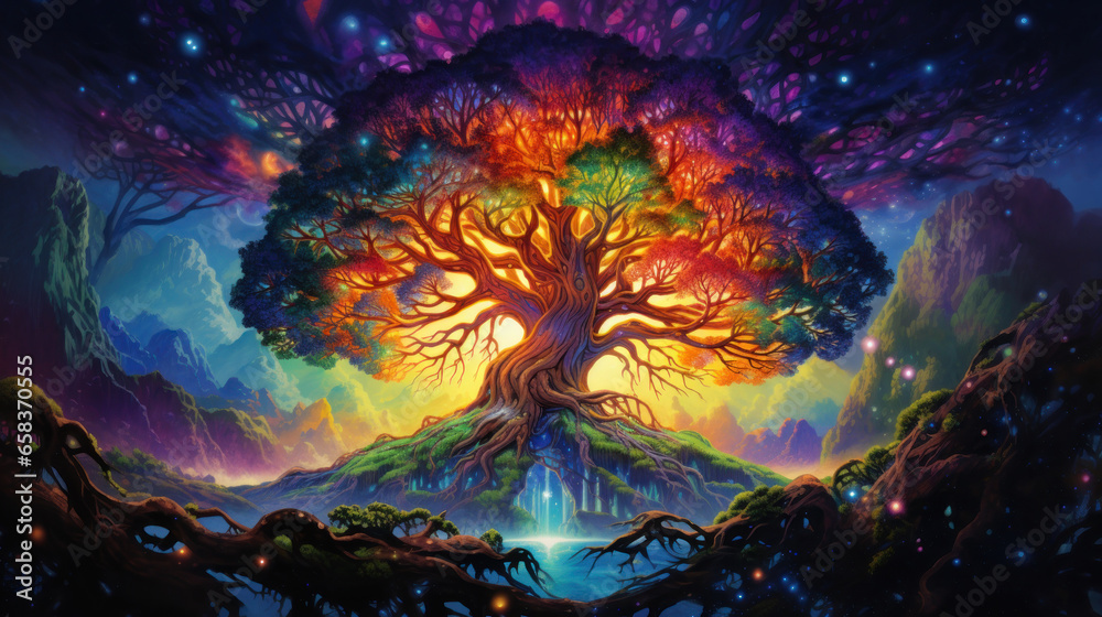 Colorful Psychedelic Yggdrasil Norse Mythology's Vibrant Tree of Life In A Fantasy World. Vivid Fairytale Landscape And Background. Generative AI - obrazy, fototapety, plakaty 