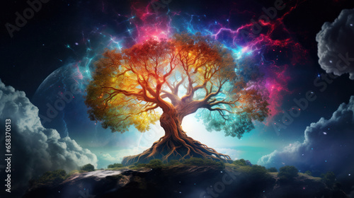 Psychedelic Yggdrasil Vibrant Tree Of Life Of Viking Mythology World Tree Reimagined. Fairytale Landscape And Background. Generative AI
