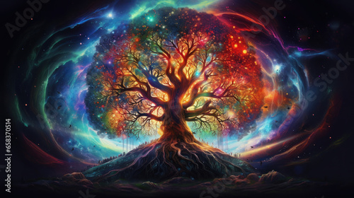 Psychedelic Yggdrasil Tree Of Life Of Viking And Norse Mythology With Radiant Colors. Vivid Fairytale Landscape And Background. Generative AI