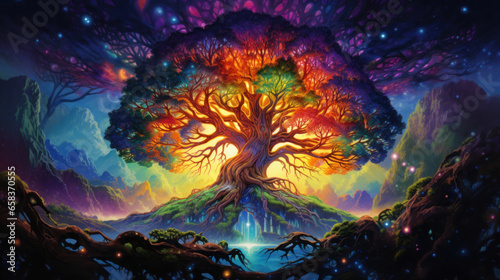 Colorful Psychedelic Yggdrasil Norse Mythology's Vibrant Tree of Life In A Fantasy World. Vivid Fairytale Landscape And Background. Generative AI