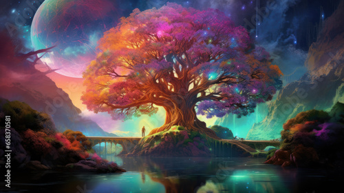 Fantasy Psychedelic Yggdrasil Tree Of Life Of Viking And Norse Mythology With Radiant Colors And Cosmic. Vivid Fairytale Landscape And Background. Generative AI