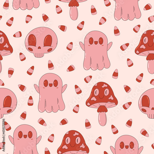 Cute and creepy seamless pattern. Trendy pink and red print. Retro cartoon style. Cauldron, skull, potion, mushroom, ghoost. Happy Halloween. photo