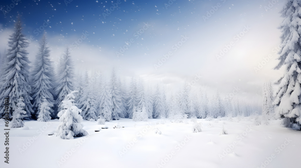 Winter landscape with snowy fir trees