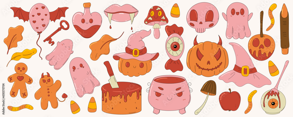 custom made wallpaper toronto digitalBig Halloween hand drawn set. Cute creepy and kawaii spooky elements. Retro cartoon style. Groovy clipart collection. Monsters mascot. Witch's cauldron, pumpkin, ghost, skull, poison, hat, mushroom.