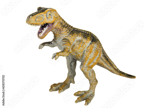 Dinosaur tyrannosaurus figurine toy isolated on white background close-up