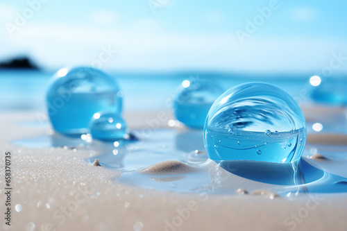 Glass transparent balls lie on the beach against the backdrop of a calm sea and clear sky. AI generated