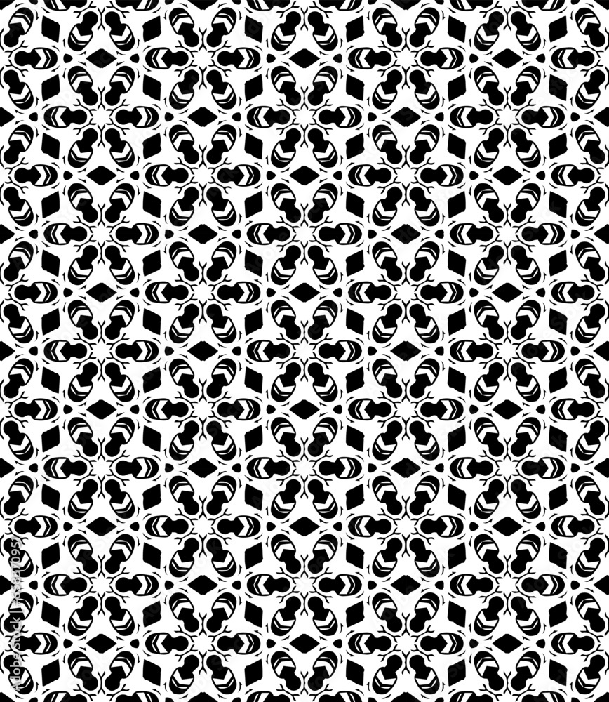 Black and white seamless abstract pattern. Background and backdrop. Grayscale ornamental design. Mosaic ornaments. Vector graphic illustration. EPS10. Black and white seamless abstract pattern. Background and backdrop. Grayscale ornamental design. Mosaic ornaments. Vector graphic illustration. EPS10.