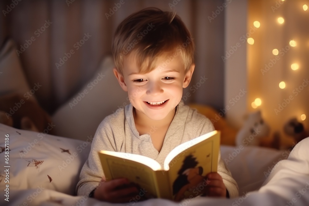 Child reading book in bed. Kids read at night. Little boy with fairy tale books in bedroom. Child reading book in bed. Kids read at night. Little boy with fairy tale books in bedroom.