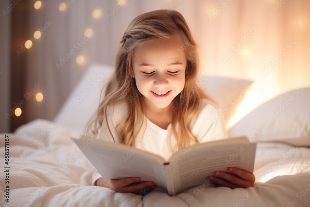 Girl reading a book in bed before going to sleep. Girl reading a book in bed before going to sleep.
