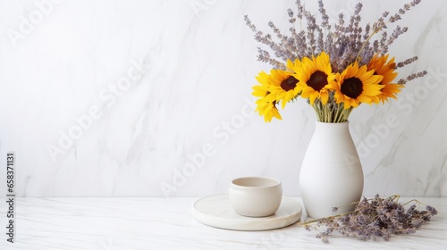  a white vase filled with yellow flowers next to a cup.  generative ai