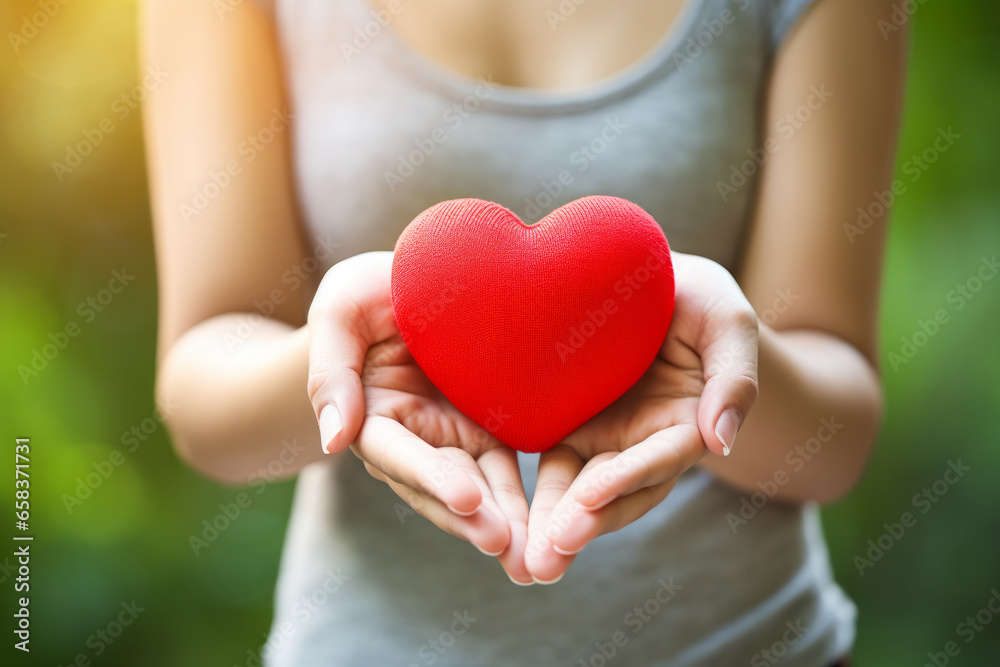 A woman cradles a red heart-shaped object, a symbol of happiness, in her hand. An abstract concept of prayer for the arrival of peace wrapped in happiness and blessings. A woman cradles a red heart-shaped object, a symbol of happiness, in her hand. An abstract concept of prayer for the arrival of peace wrapped in happiness and blessings.