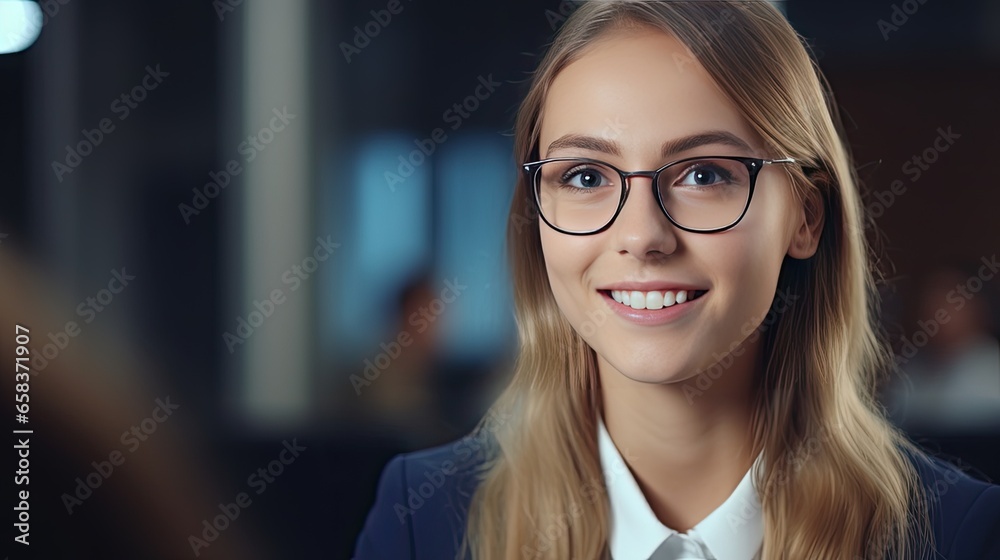 A young business woman is interviewing a job applicant. Colleagues are discussing something. Business, career and placement concept. Illustration for brochure, advertising, marketing or presentation.