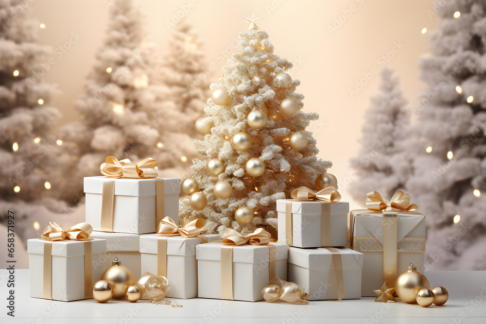 Christmas tree with gift boxes on white table. 3d rendering, Ai Generated