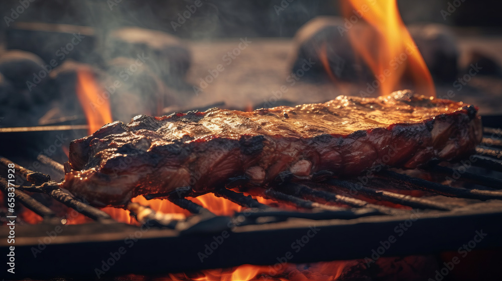 an outdoor photograph of a tasty delightful cow ribs on spit ground fire, ready to be served. an outdoor photograph of a tasty delightful cow ribs on spit ground fire, ready to be served.