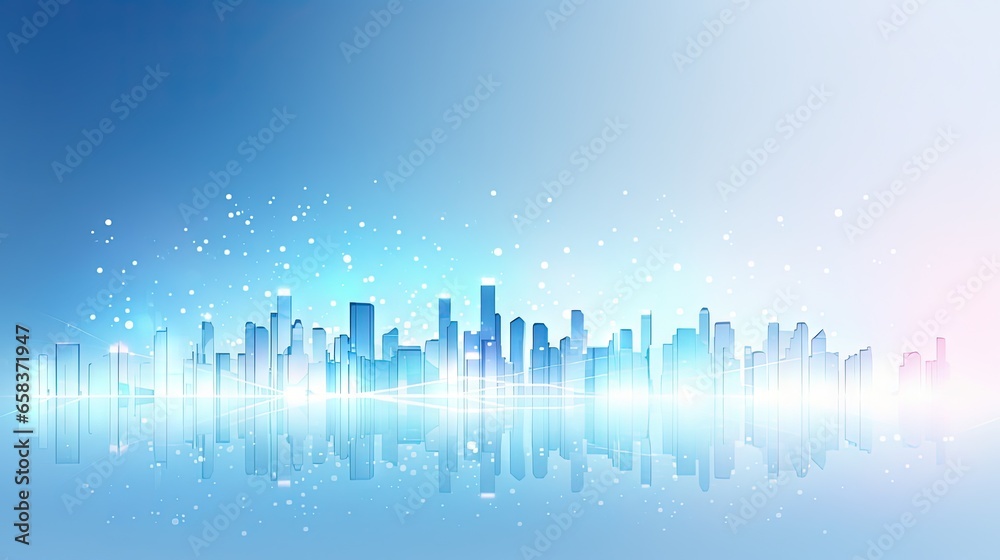 a cityscape is shown with a bright blue background.  generative ai