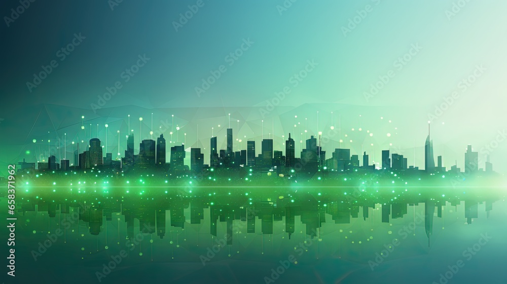  a city skyline is shown with a bright green glow on the water.  generative ai
