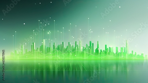  a green city skyline with lines and dots over water with a green background.  generative ai