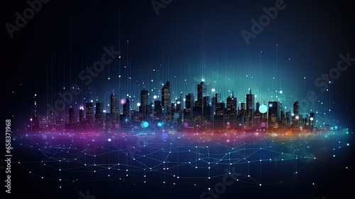  a cityscape with lines and dots in the background. generative ai