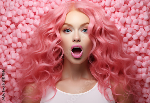Portrait of a girl with pink hair on a pink background, generative AI