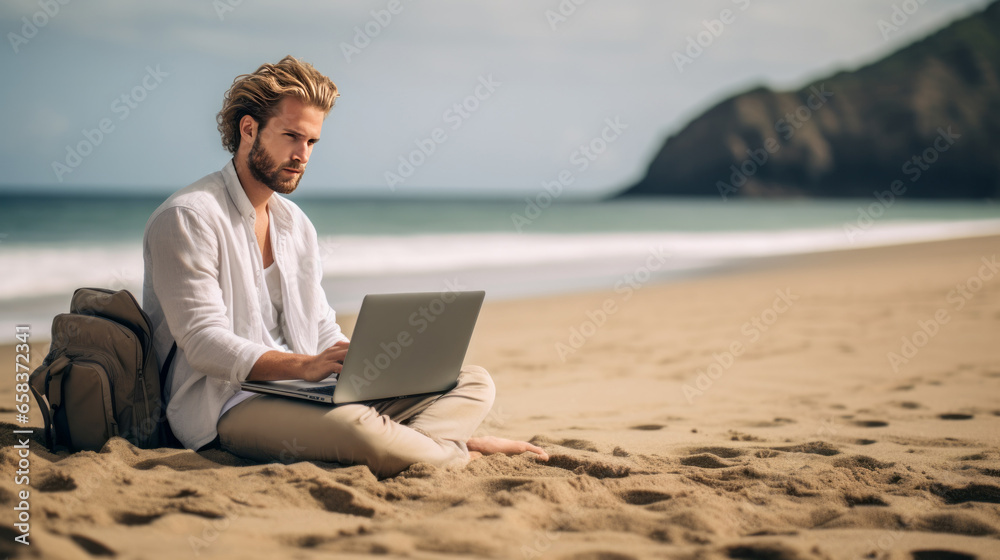 Man hands typing text on laptop computer in front blue sea on thw beach. Concept remote work, freelance.