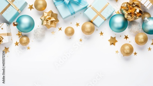  a white background with blue and gold christmas presents and gold stars.  generative ai