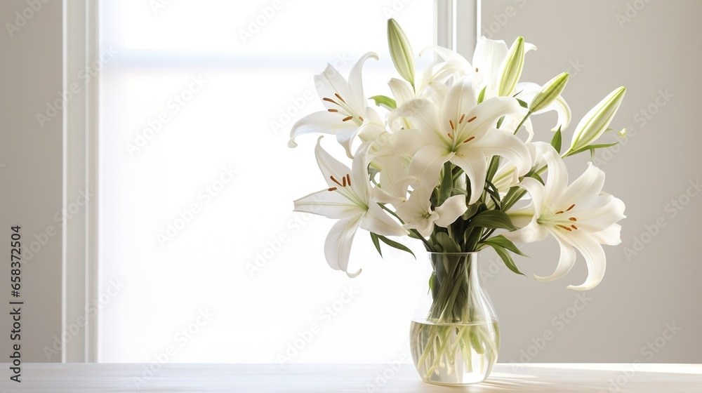  a glass vase with white flowers on a table in front of a window.  generative ai