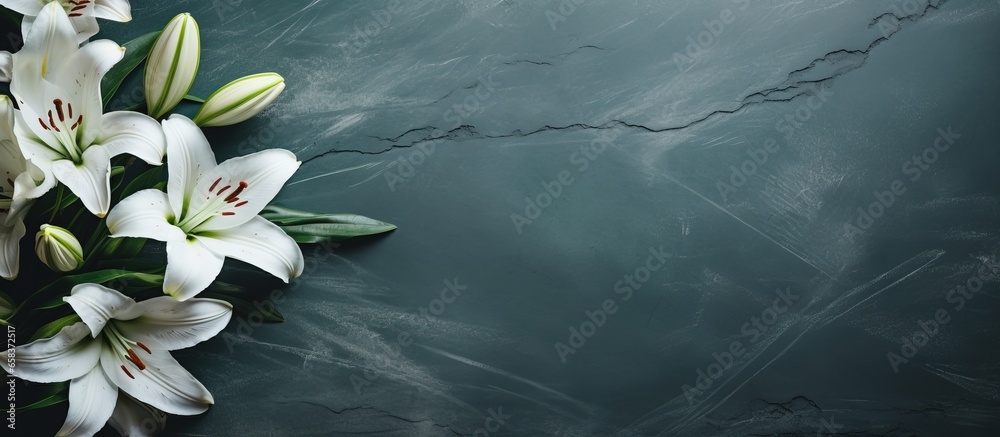 White lily head on green stone background with space - obrazy, fototapety, plakaty 