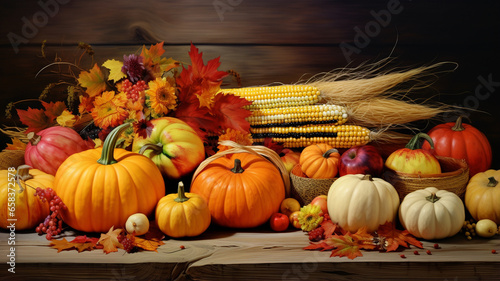 autumn background with pumpkins and corn.