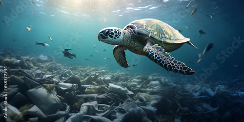ocean filled with plastic waste, a turtle swimming amidst the debris, raising awareness, urgent mood