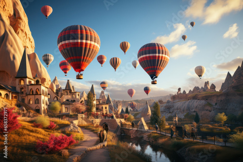 The breathtaking landscapes of Cappadocia, Turkey, with its unique rock formations and hot air balloons. Concept of natural wonders in the Near East. Generative Ai.