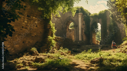 ancient Greek ruins, overgrown with ivy, summer afternoon, golden sunlight casting long shadows, tourists exploring