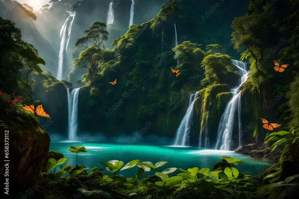 In the heart of the jungle, a line of delicate butterflies danced along the edge of a mountain, overlooking a pristine waterfall.