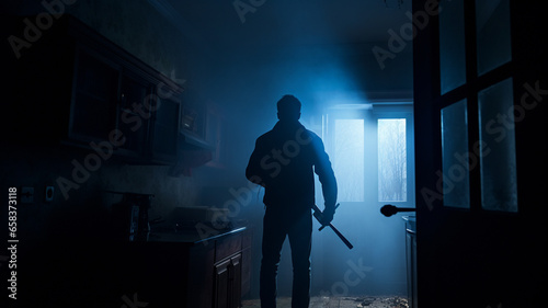 horror scene with scary zombie in dark room with wooden house and lantern, horror concept
