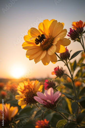 Bee gathering nectar on orange zinnia flowers at sunset