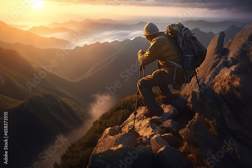Hiker take a photo on the top of a mountain at sunset.