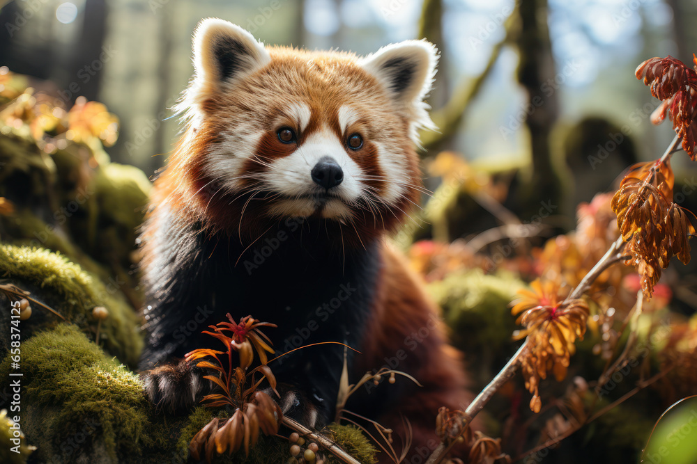 The endangered red panda, with its bushy tail, resting in a Himalayan bamboo forest. Concept of habitat preservation. Generative Ai. The endangered red panda, with its bushy tail, resting in a Himalayan bamboo forest. Concept of habitat preservation. Generative Ai.