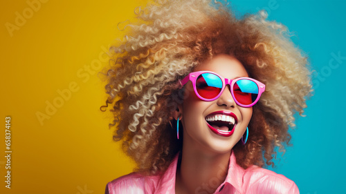 Beauty African American girl with afro blond hair laughing, happy and funny woman.