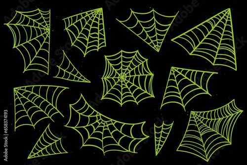 Neon spider web with splatter. Graffiti style. Acid cobweb set.
