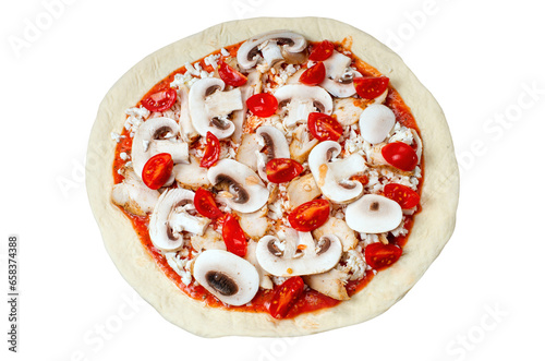 pizza preparation, with sliced mushrooms, isolated on white background